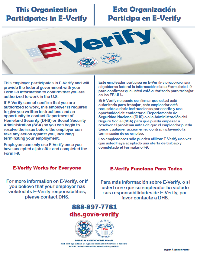 Department of Homeland Security E-Verify Poster